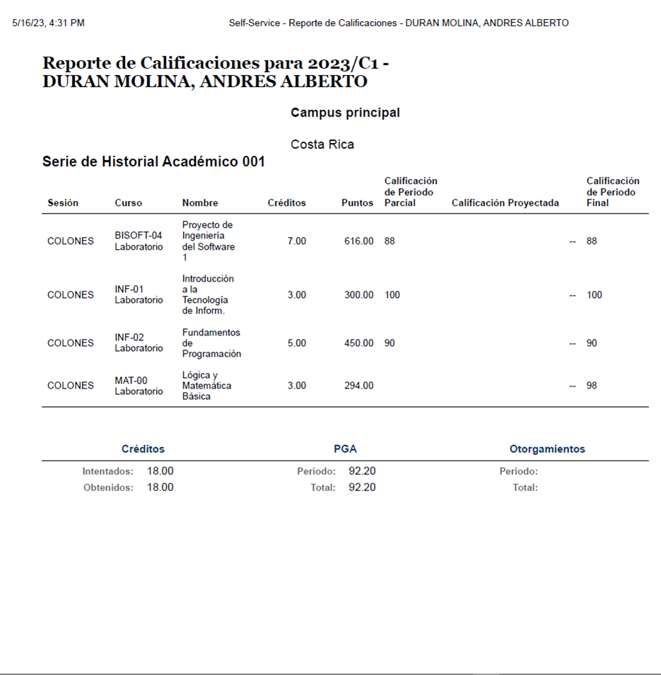 First semester grade report
